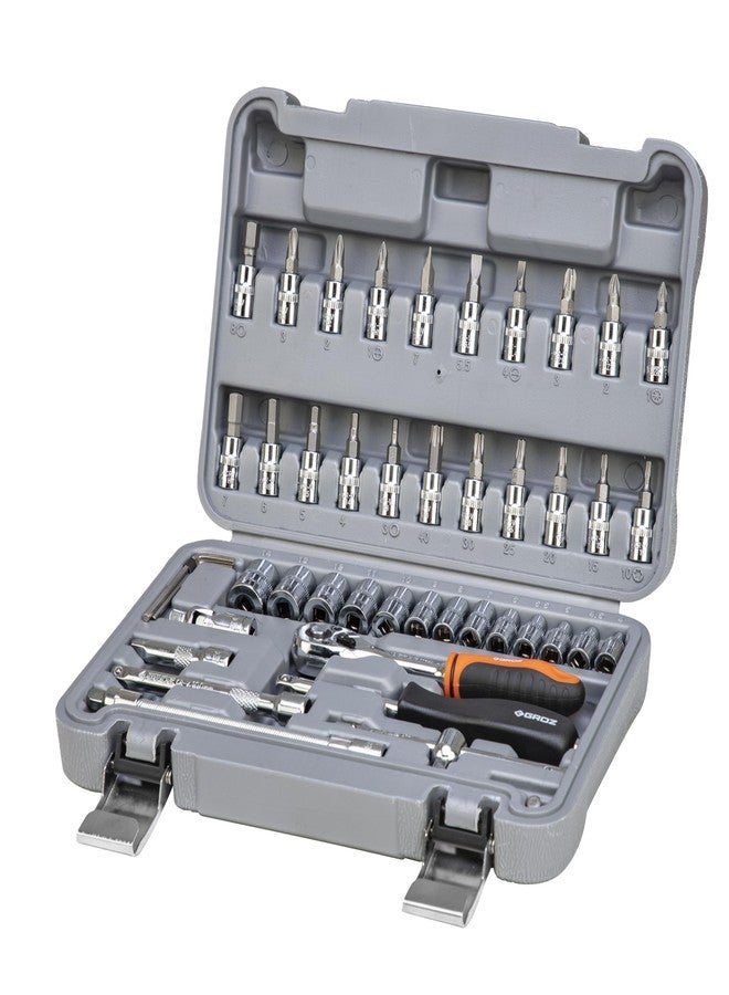 Groz 1/4" Drive 46 Pcs Hand Socket Set with Chrome Vandium Finish | ISO CERTIFIED | Hex Socket Set for Garages, DIY, Workshops, Professional Use | DIN 3120 | KIT/HSK/1-4/46 - Image 1